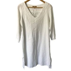Carla Conti 100% Linen Dress Sz S White Long Sleeve Boho Sequin Italian Vacation